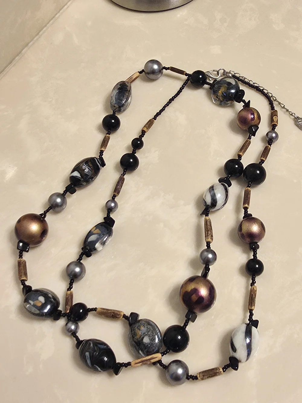 Elegant Multi-Strand Beaded Necklace in Black, Gray, Brown and Gold Tones